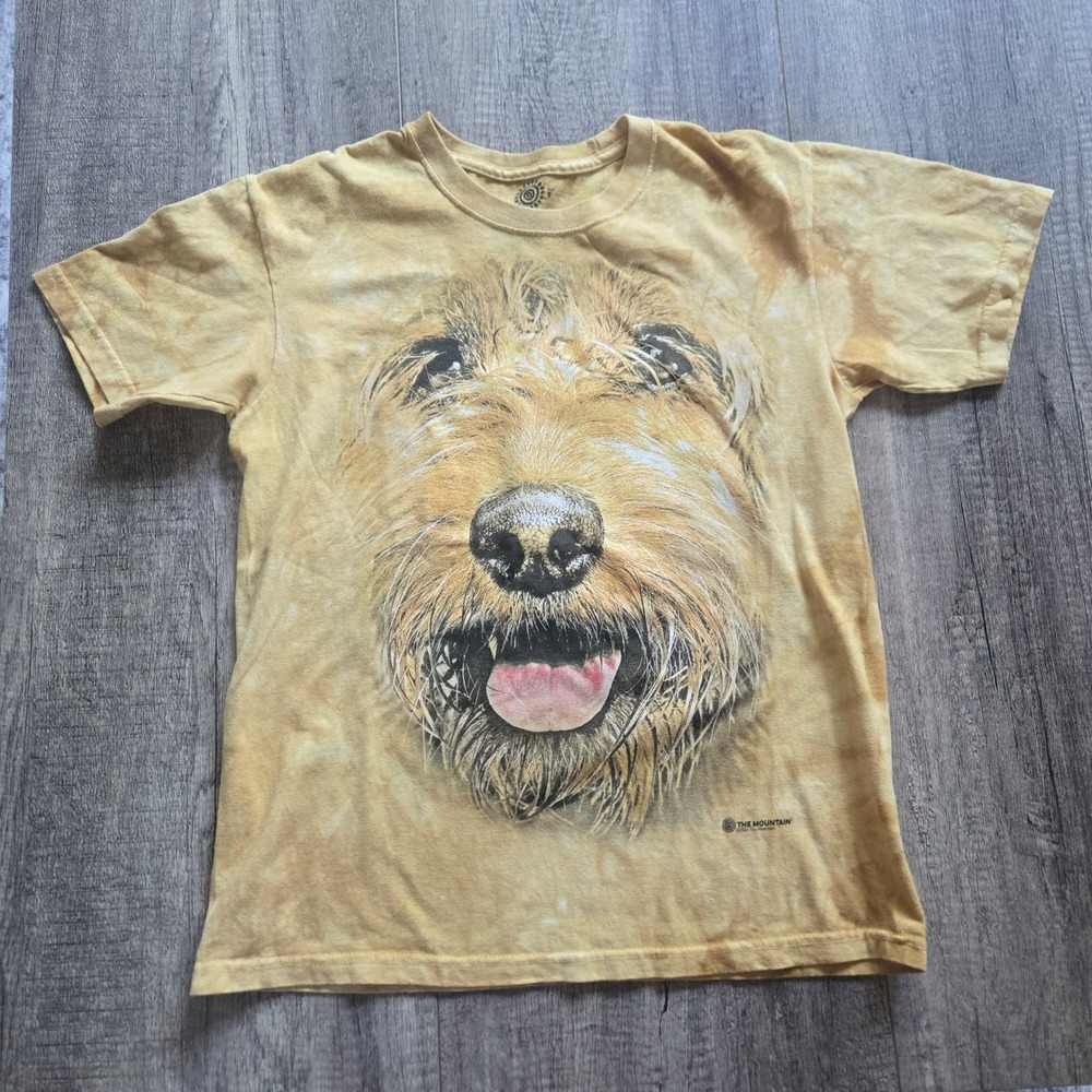 The Mountain Airedale Terrier Dog Face Tie Dye Graphic T-Shirt Tan Yellow Small